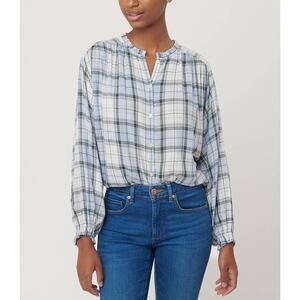 Ann Taylor LOFT Size Small Plaid Ruffle Trim Blouse Top Blue Long Sleeve